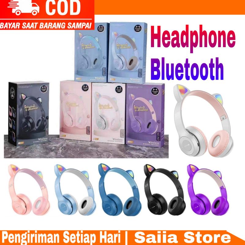 Saiia Store Headphone Kucing Aneka Warna Bluetooth Wireless