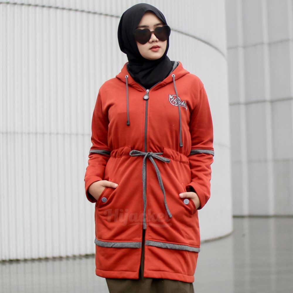 Jaket Hijacket Wanita Cewek Cewe Muslimah Jacket Hoodie Hijabers Kekinian Terbaru Modis Hijaket AUR-Orange