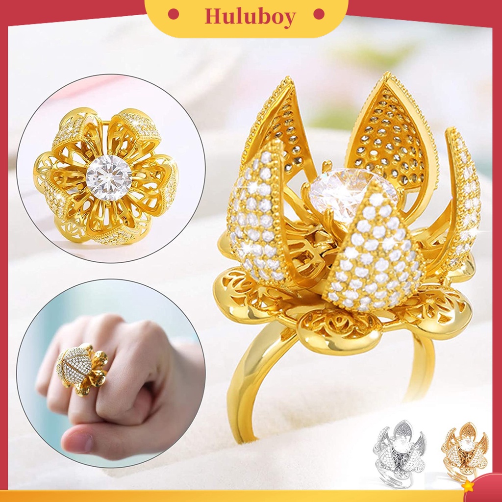 Hu Hu Hu Hu Hu Alat Bantu Pasang Kacamata♡ Cincin Model Terbuka Desain Bunga Hollow Hias Zircon Untuk Wanita