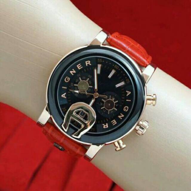 Jam tangan aigner black gold leather red