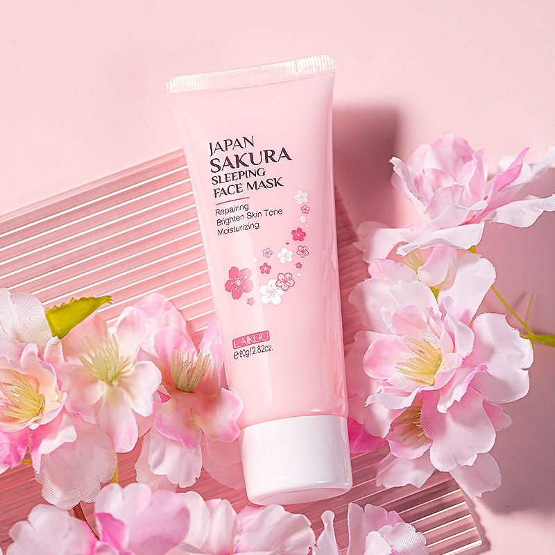 LAIKOU Japan Sakura Sleeping Mask Tanpa Bilas Krim Malam Mencerahkan Meringankan Bintik-bintik 80g