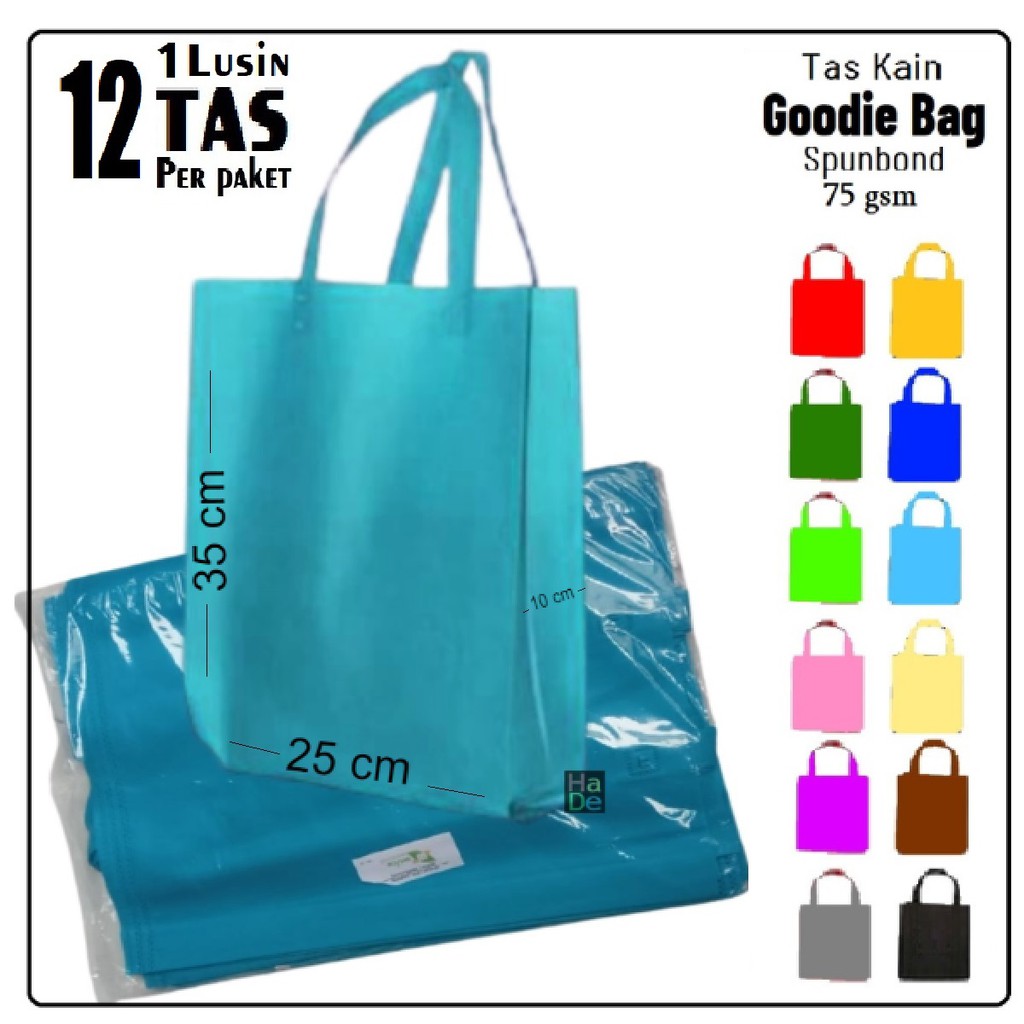 

1 Lusin isi 12 Tas Kain Spunbond / Goodie Bag Tali Ukuran S = 25x35 cm Untuk Kantong Belanja Lipat Serbaguna, Bingkisan Souvenir Ultah / Hajatan / Pernikahan, Goody bag Syukuran / Tasyakuran Lusinan Murah 25x35x10