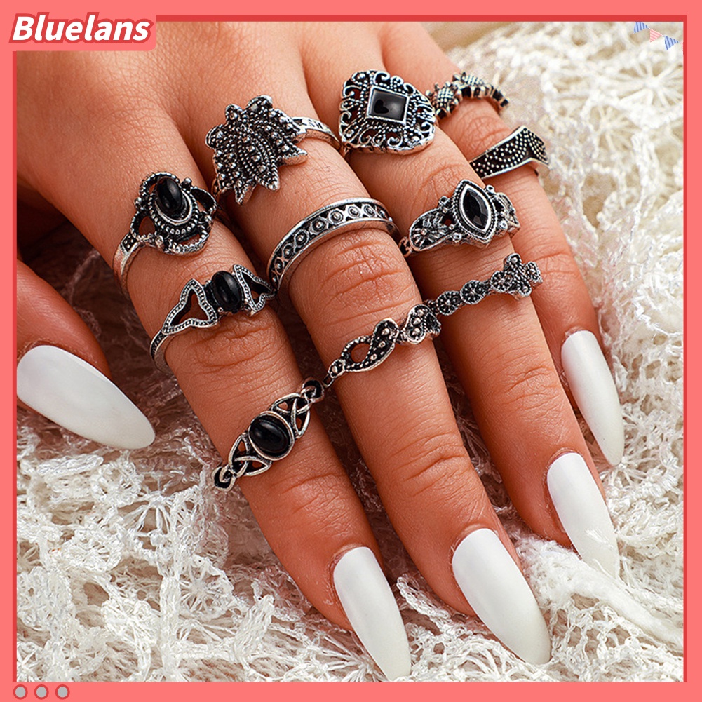 Bluelans 11Pcs / Set Cincin Motif Ukiran Bunga Teratai / Tetesan Air Aksen Hollow + Batu Permata Imitasi Untuk Wanita