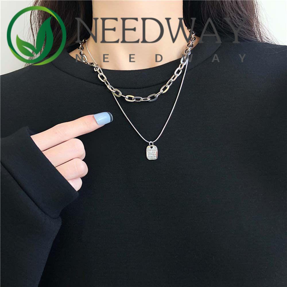 Needway  Korean Double Layer Necklace Girls Fashion Jewelry Clavicle Chain Women Metal Pendant Punk Hip-hop Personality Simple Alloy/Multicolor