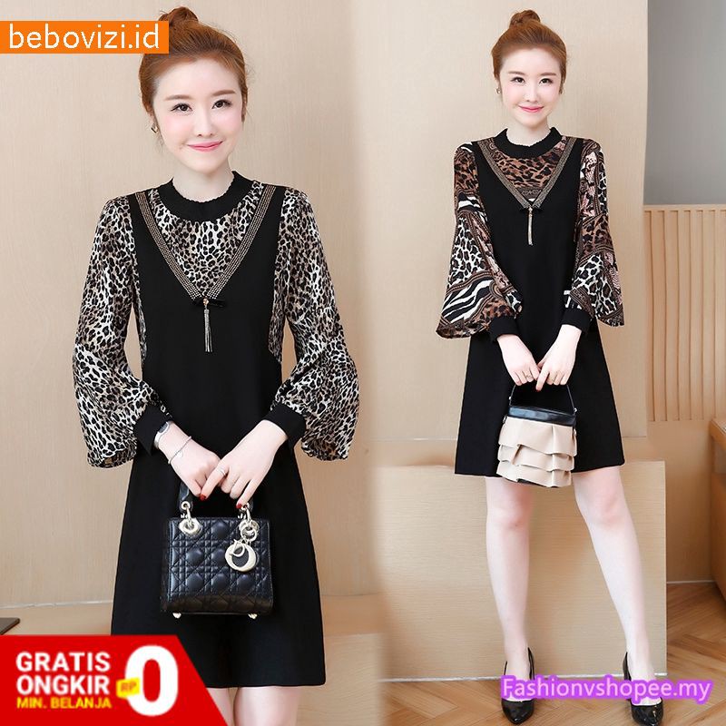 Dress Jumbo Big Wanita Korean Casual Black Lengan Panjang Lengan Panjang Dinner Midi