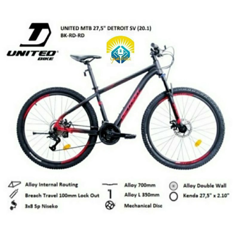 Sepeda Gunung 27.5 inch MTB UNiTED DETROIT SV Alloy 3x8 speed rem cakram