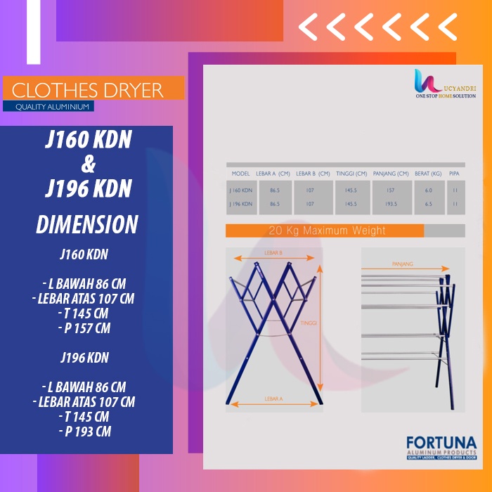 Jemuran Baju Pakaian Fortuna Aluminium - PANJANG 196 CM