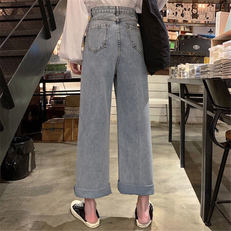 korean style new biru muda straight celana jeans longgar wanita