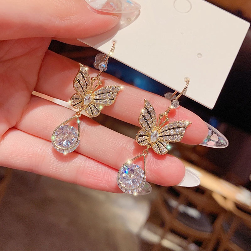 Anting Drop Zircon Mutiara Imitasi Bentuk Kupu-Kupu Burung Hantu Oversized Gaya Korea Untuk Wanita