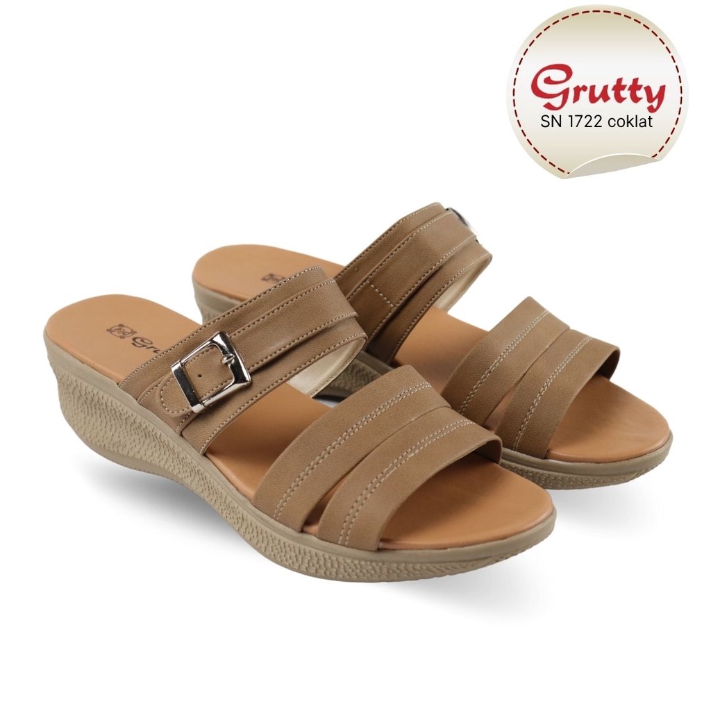 Sendal Wedges Wanita Sandal Slop Wedges Terbaru Grutty SN1722 Coklat