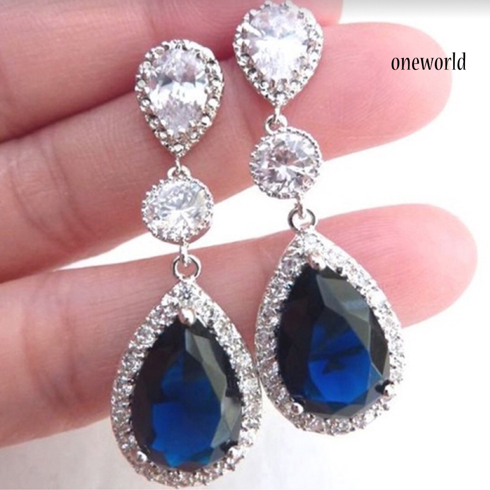 OW@ Fashion Round Teardrop Rhinestone Dangle Stud Earrings Bridal Party Jewelry Gift