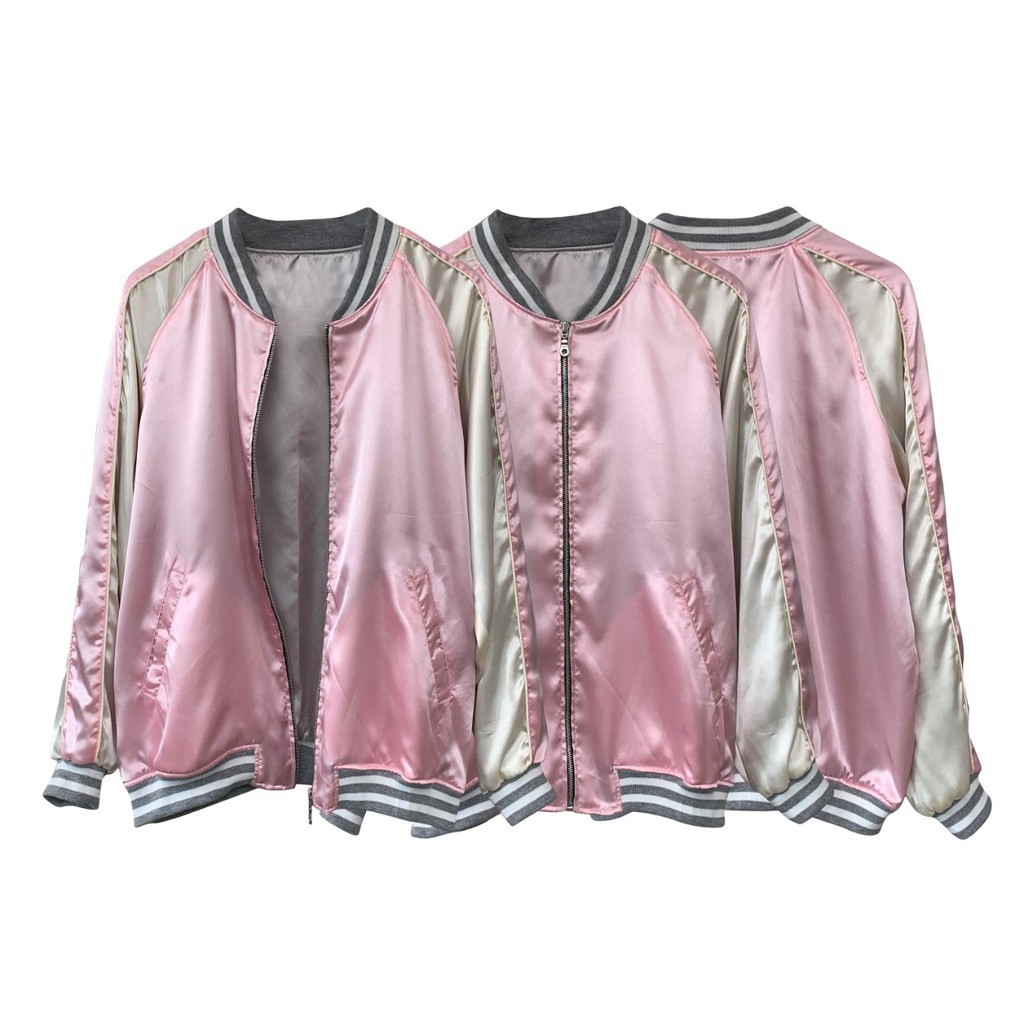 Jaket Sukajan Baseball Bomber Varsity Dua Warna Twotone Satin Pink Silver Unisex Premium Quality