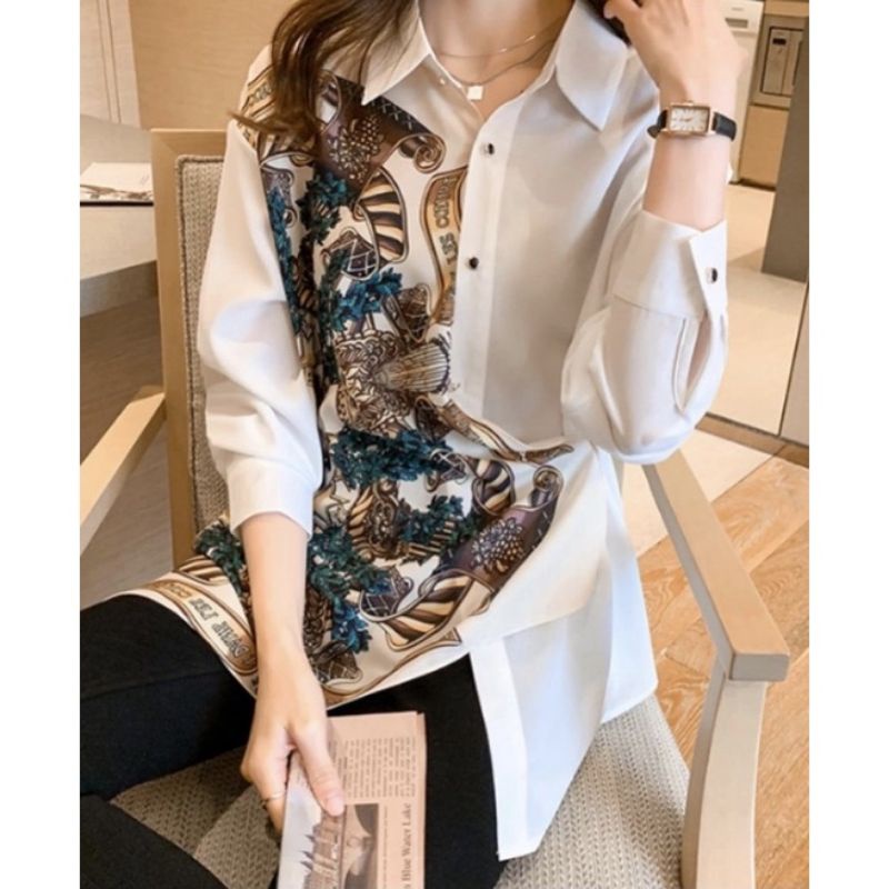 Kemeja Wanita Import Satin Motif - Kemeja Print Abstrak / Kemeja Scraf Import