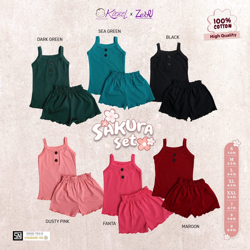 Kazel Sakura Set 1-9 Tahun Setelan Kutung Ruffle Anak Perempuan