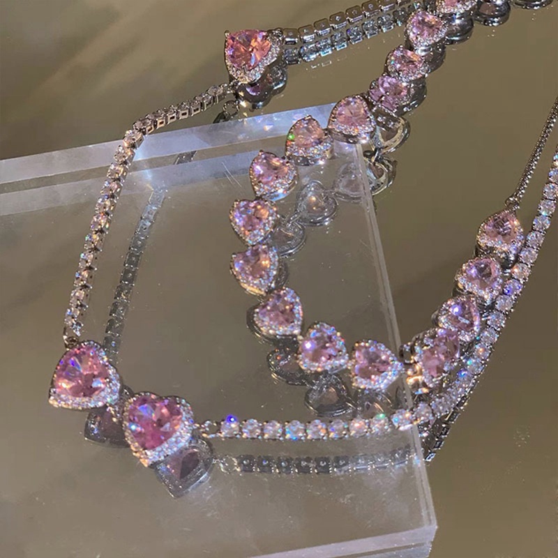 Kalung Rantai Dengan Liontin Hati Warna Pink Aksen Batu Zircon Untuk Wanita