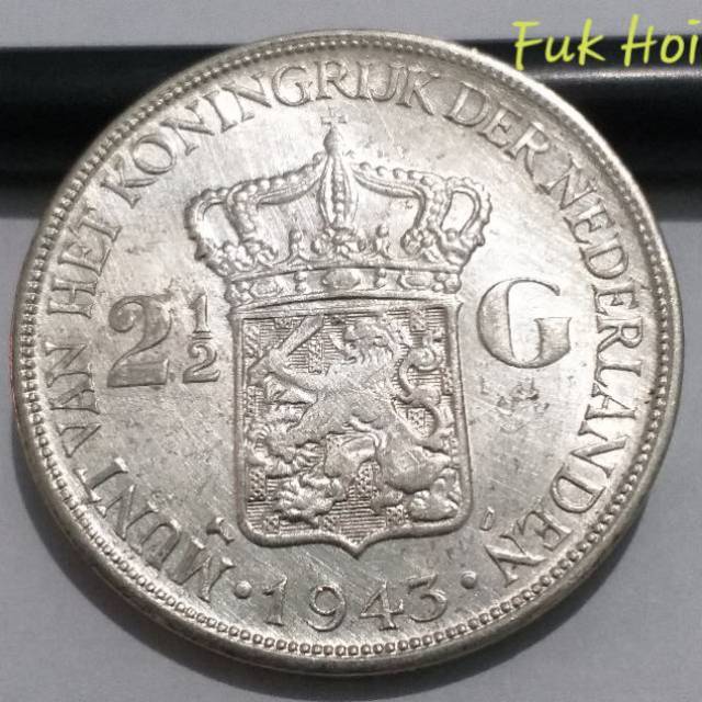 SWILH2.5G-3.. 1 PC KOIN PERAK KUNO ASLI 2.5 GULDEN WILHELMINA TH 1943. -- SILVER COIN --