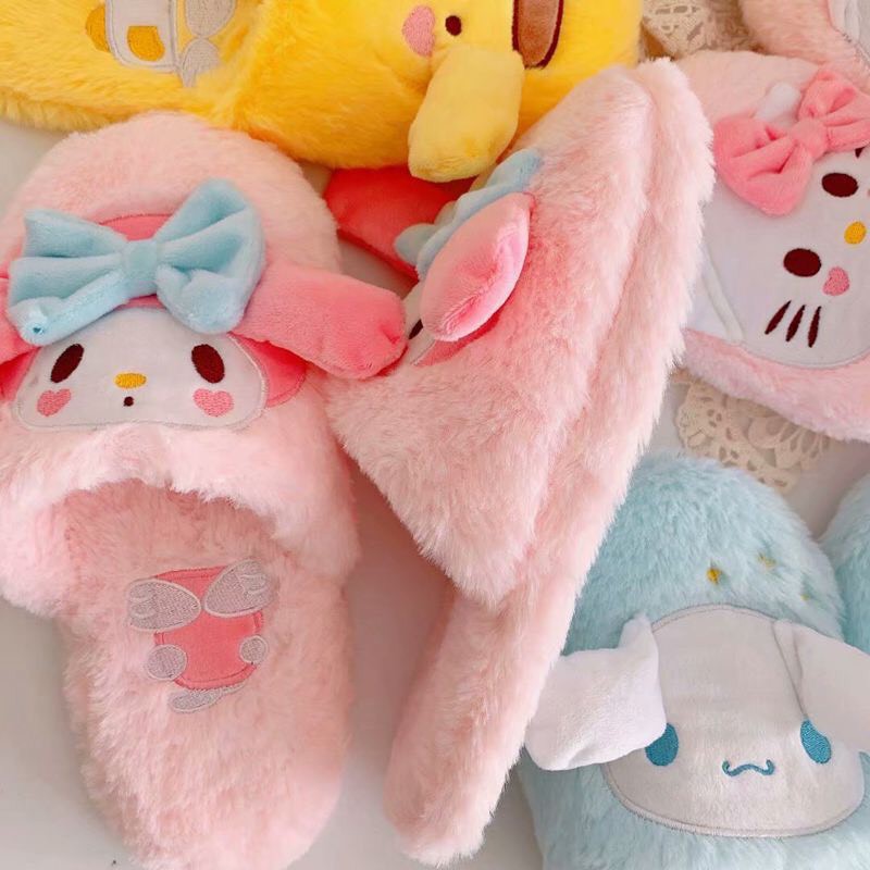 SANDAL BONEKA MELODY HELLO KITTY CINNAMOROLL POMPOM PURIN SLIPPERS