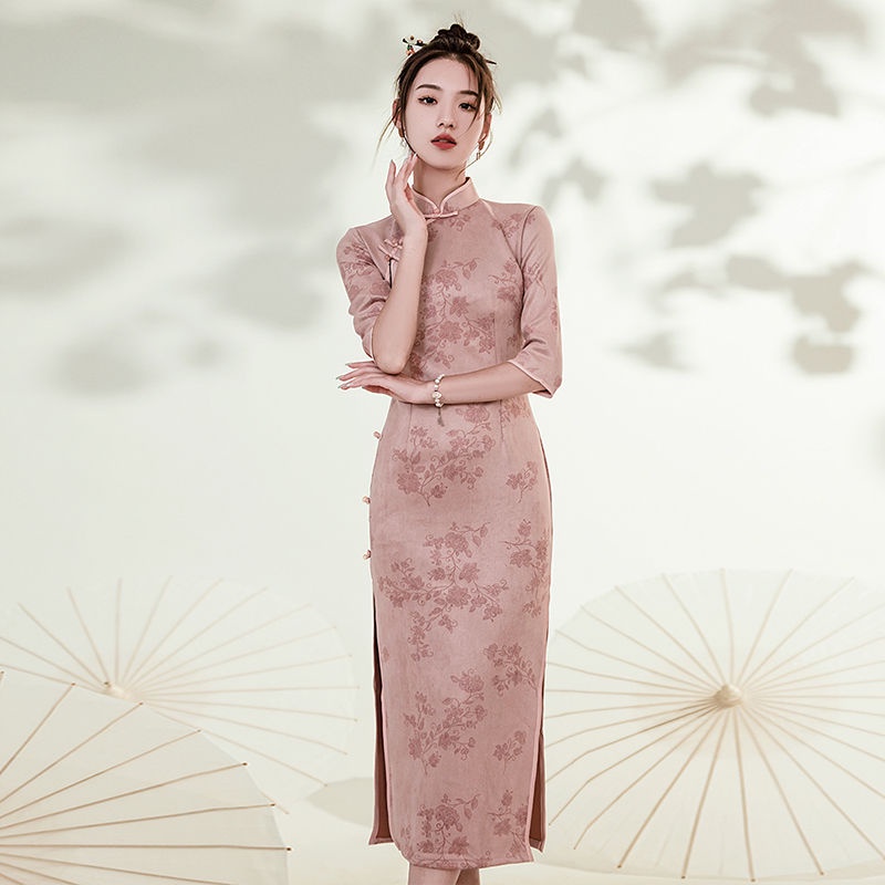 Retro Republic style cheongsam 2022 new spring long seven point sleeve high-grade powder temperament