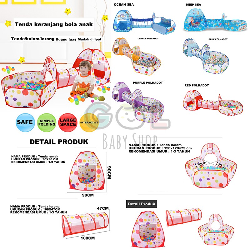 Mainan Tenda Anak Terowongan 4 in 1 + Kolam + Ring Basket Mainan Keranjang Mandi Bola Anak