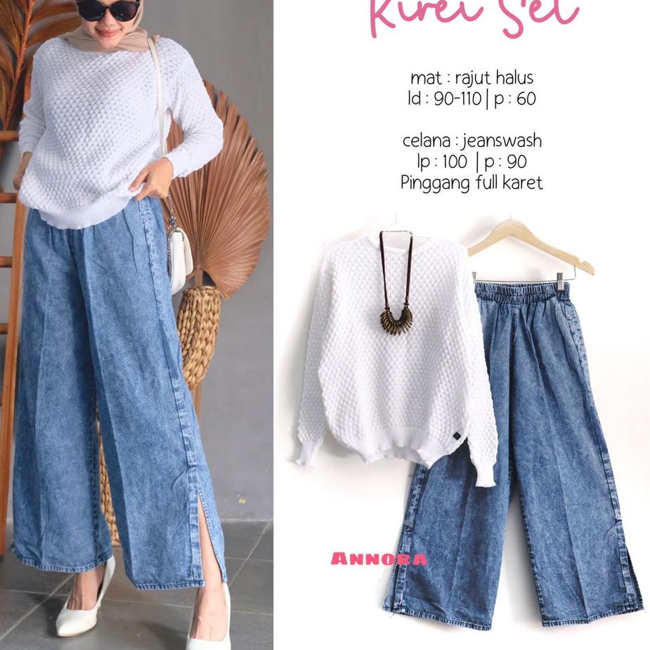 Langsung Beliii.. kirei set setelan rajut + celana jeans kulot annora