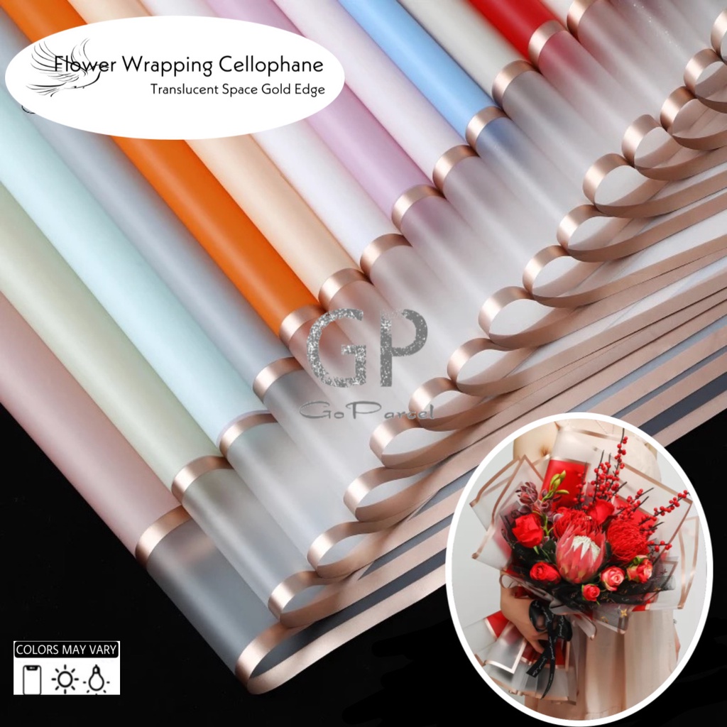 ( 5 Lembar ) TRANSLUCENT SPACE GOLD EDGE - FLOWER WRAPPING PAPER PLASTIC CELLOPHANE GOLD LINE MATTE KERTAS BUNGA TRANSPARANT KERTAS BUNGA BOUQUET BUKET FLORIST