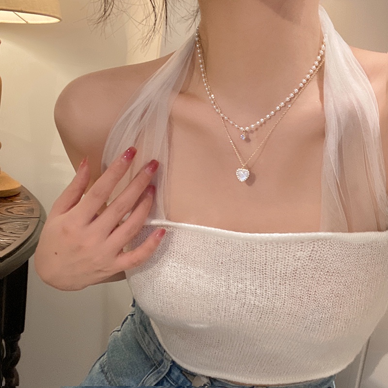 YEEZII Kalung Choker Rantai Emas Liontin Hati Mutiara Lapisan Ganda Elegan Untuk Aksesoris Perhiasan Wanita