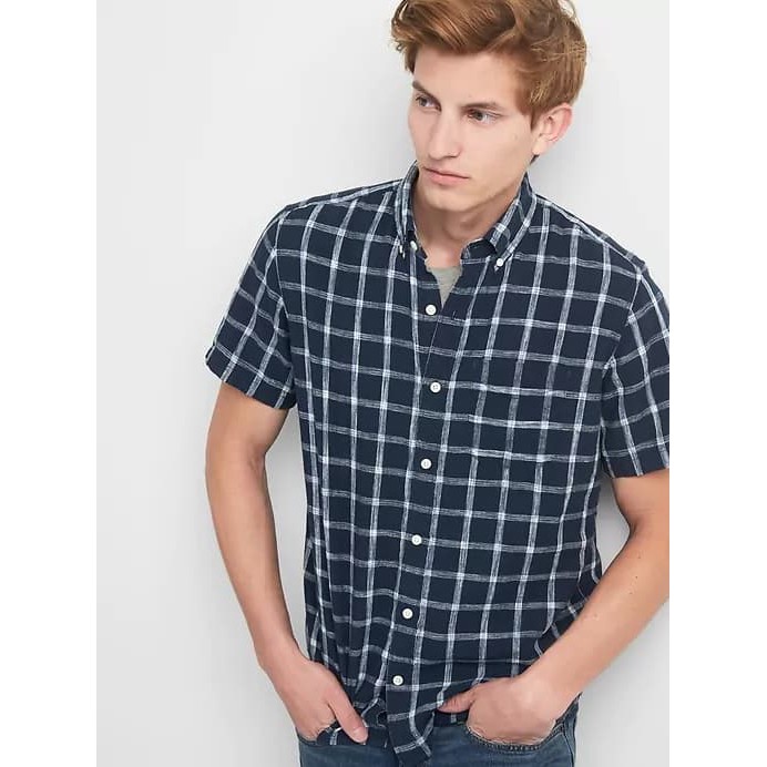 Kemeja GAP Short Sleeve Shirt Linen Cotton Navy Plaid Oxford Original