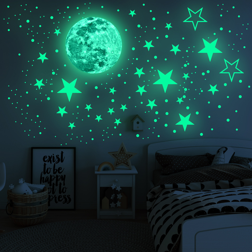 Stiker Dinding Decal Desain Earth Stars Bubble 3D Model Glow In The Dark Untuk Kamar Anak