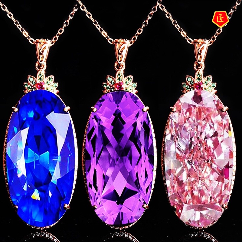 [Ready Stock]Luxury Inlaid Sapphire Pendant Pink Diamond Necklace for Women