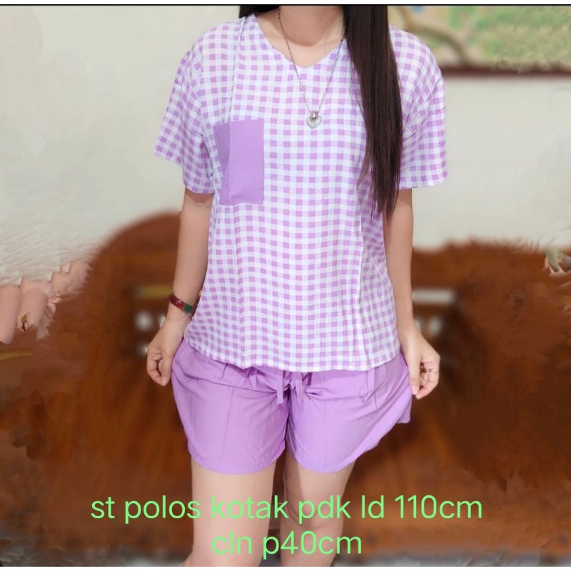 Baju setelan wanita dewasa motif kotak-kotak celana pendek size XL -XXL