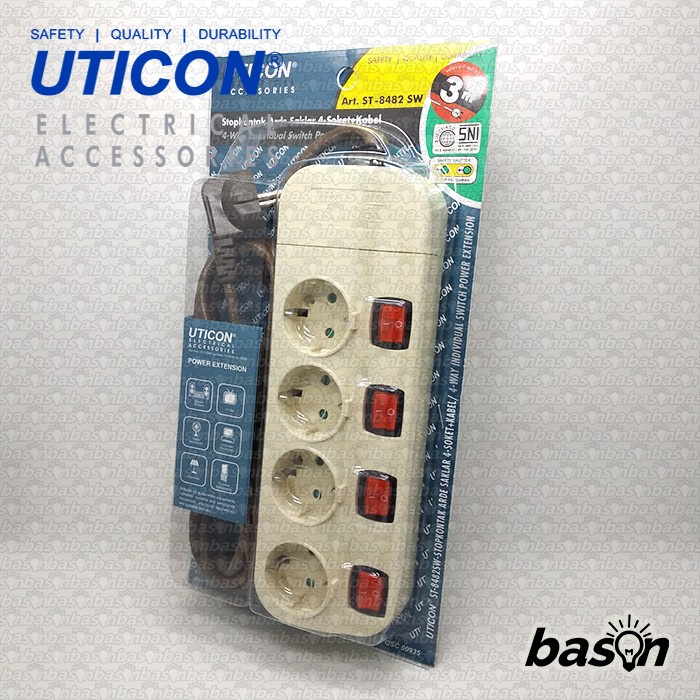 UTICON ST8482SW + 4 Lubang + Kabel 3 Meter - Stop Kontak + Saklar Individual