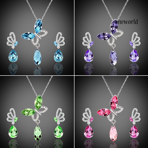 OW@ Women Cocktail Crystal Butterfly Cubic Zirconia Necklace Stud Earrings Jewelry Set