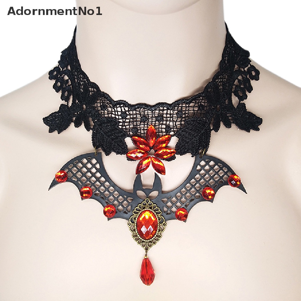 (AdornmentNo1) Kalung Choker Lace Gaya Gothic Aksen Kelelawar + Manik-Manik Kristal Untuk Perhiasan Wanita