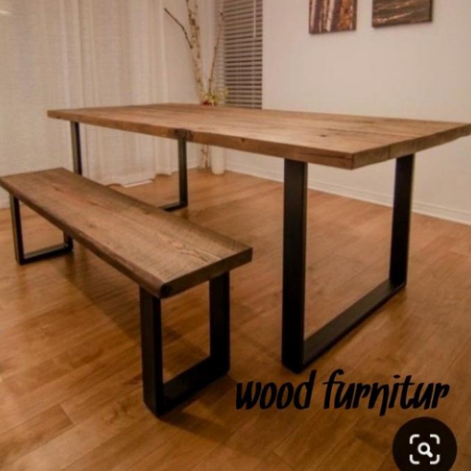 Meja Kayu Jati Set Kursi Bench Panjang Kaki Besi Hollow Rediantrastore