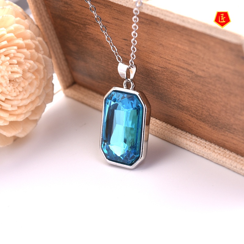 [Ready Stock]New Inlaid Topaz Sea Blue Gem Stud Earrings Necklace Set