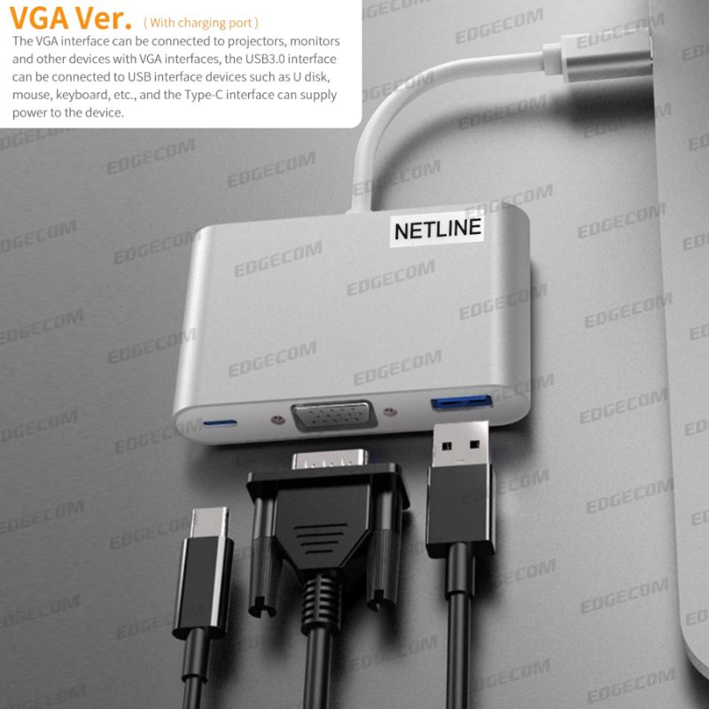 NETLINE USB 3.1 TYPE C to VGA USB 3.0 USB C PD MultiPort Adapter