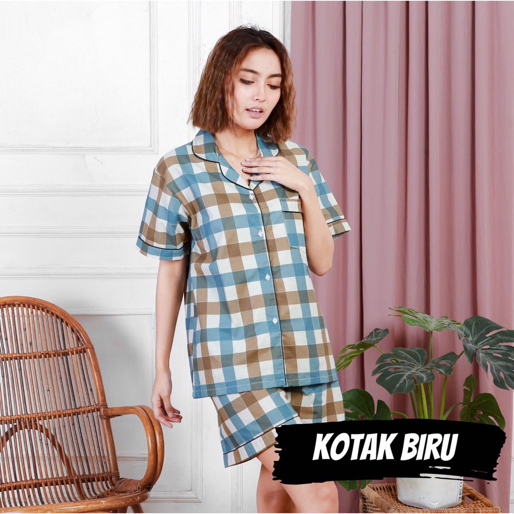 PIYAMA KATUN WANITA - KOTAK / BAJU TIDUR PEREMPUAN / WOMAN PAJAMAS / KOTAK WINE / KOTAK BIRU