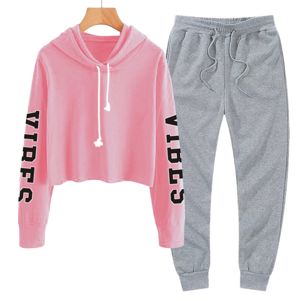 BESS - Baju Setelan Wanita Murah / Setelan Hoodie Crop + Jogger Abu - VIBE TANGAN