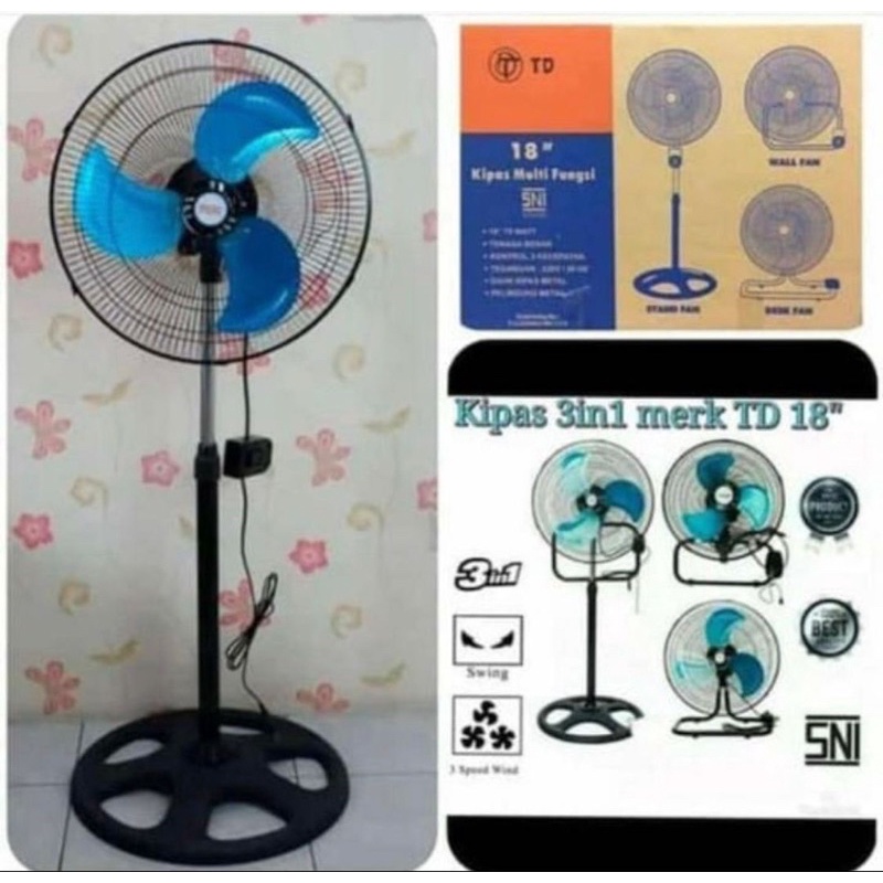 Kipas angin besi tornado TD 18inch 3in1 (berdiri duduk dinding)
