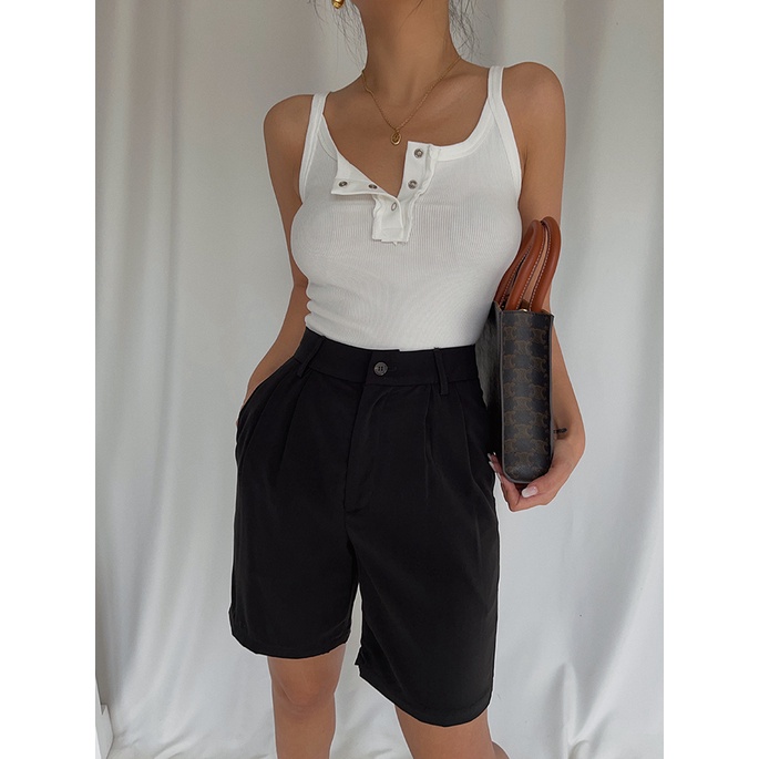 【LIVIAHOME】Korean Sexy Half Button Rib-knit Crop Top 7282