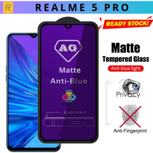 Tempered Glass Blue Matte Realme 5 Pro - TG Anti Gores Realmi 5Pro Anti Radiasi Blue Ray Full Layar