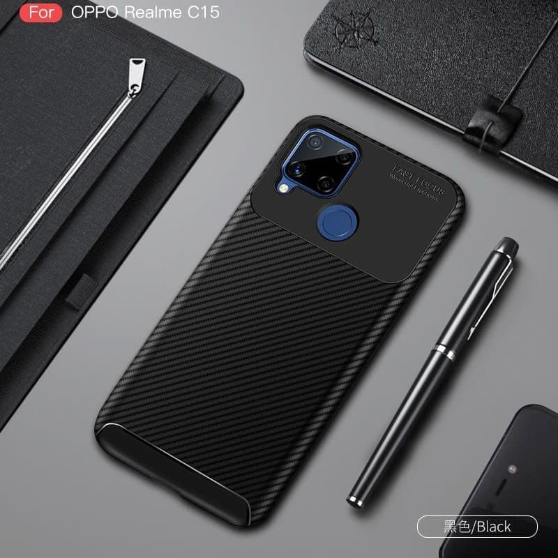 Case REALME C15 Synthetic Fiber Protective Carbon - Hitam