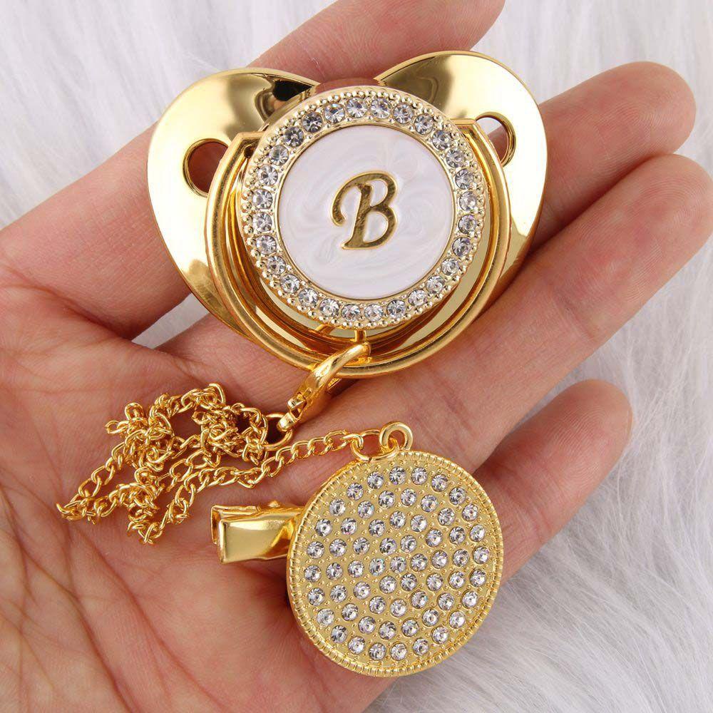 Needway Dot Bayi Anak Laki-Laki Perempuan Perlengkapan Bayi Baru Lahir Warna Bling Emas26Huruf Inisial Dummy Soother Dot Klip