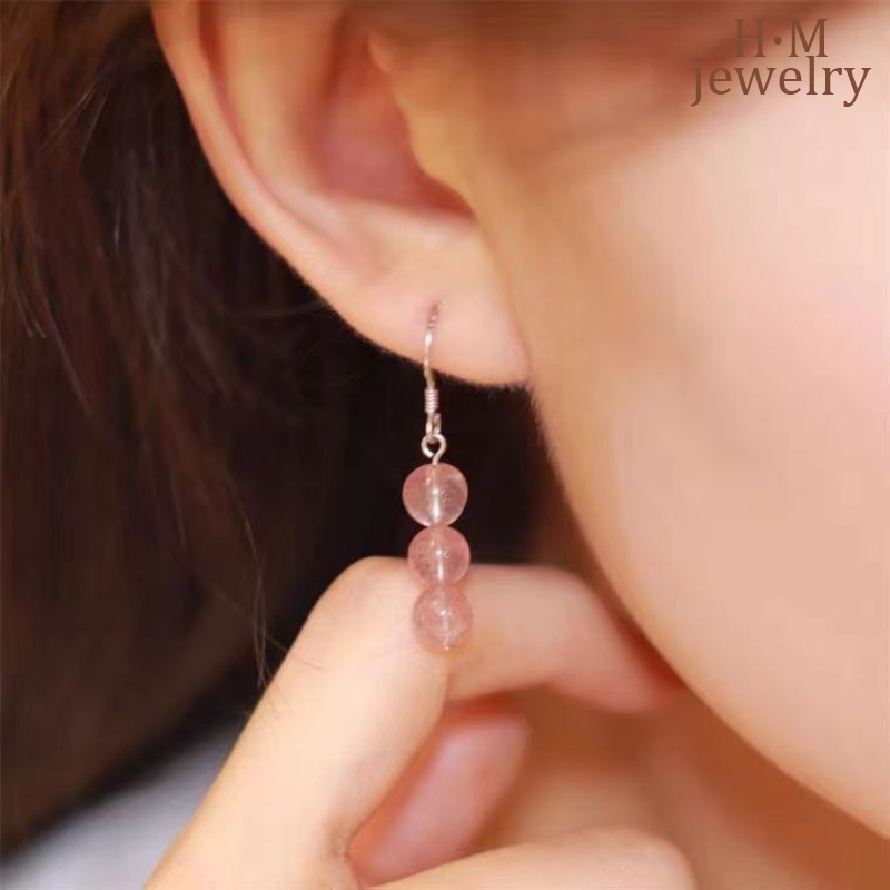 Anting Tusuk Gantung Desain Strawberry Quartz Pink Gaya Simple Menarik Untuk Pria