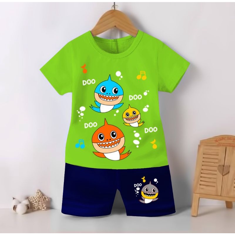(COD) SETELAN BAJU ANAK COWO DAN CEWE MOTIF BABY SHARK | SETELAN KAOS ANAK COWO DAN CEWE GAMBAR BABY SHARK SIZE 1-7 TAHUN-Hijau