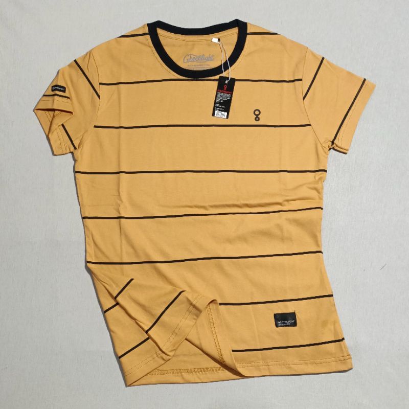 KAOS GREENLIGHT CEWEK WARNA MUSTARD BAJU WANITA BASIC ORIGINAL MOTIF GARIS
