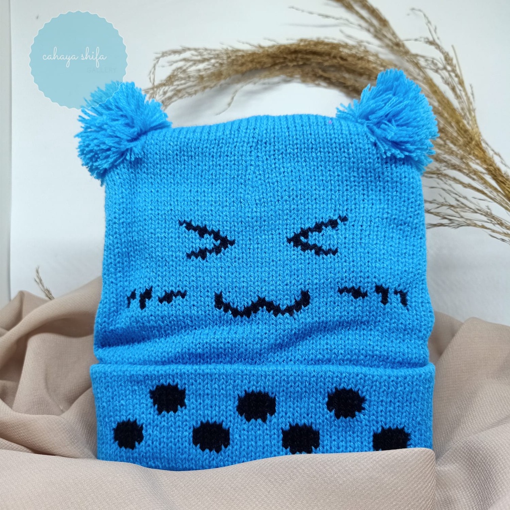 KUPLUK TOPI BAYI BOBA SMILE POMPOM / KUPLUK BAYI BOBA SMILE UNISEX