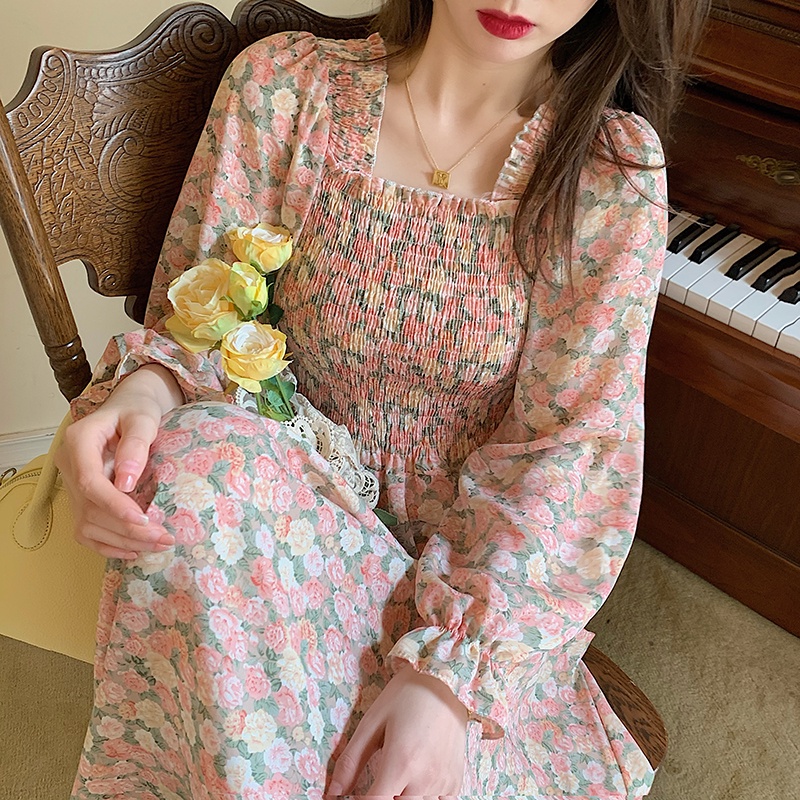 AIMEI Vintage French Square Neck Chiffon High Waist Mid-length Dress-4