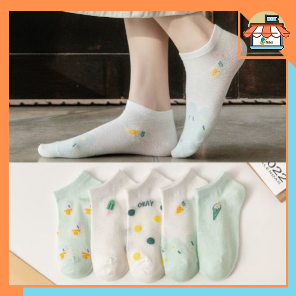 RSB KK207 Kaos Kaki Wanita Pendek Ice Cream Sarung Kaki Unisex Semata Kaki Warna Hijau Motif Es Krim Ankle Socks Korean