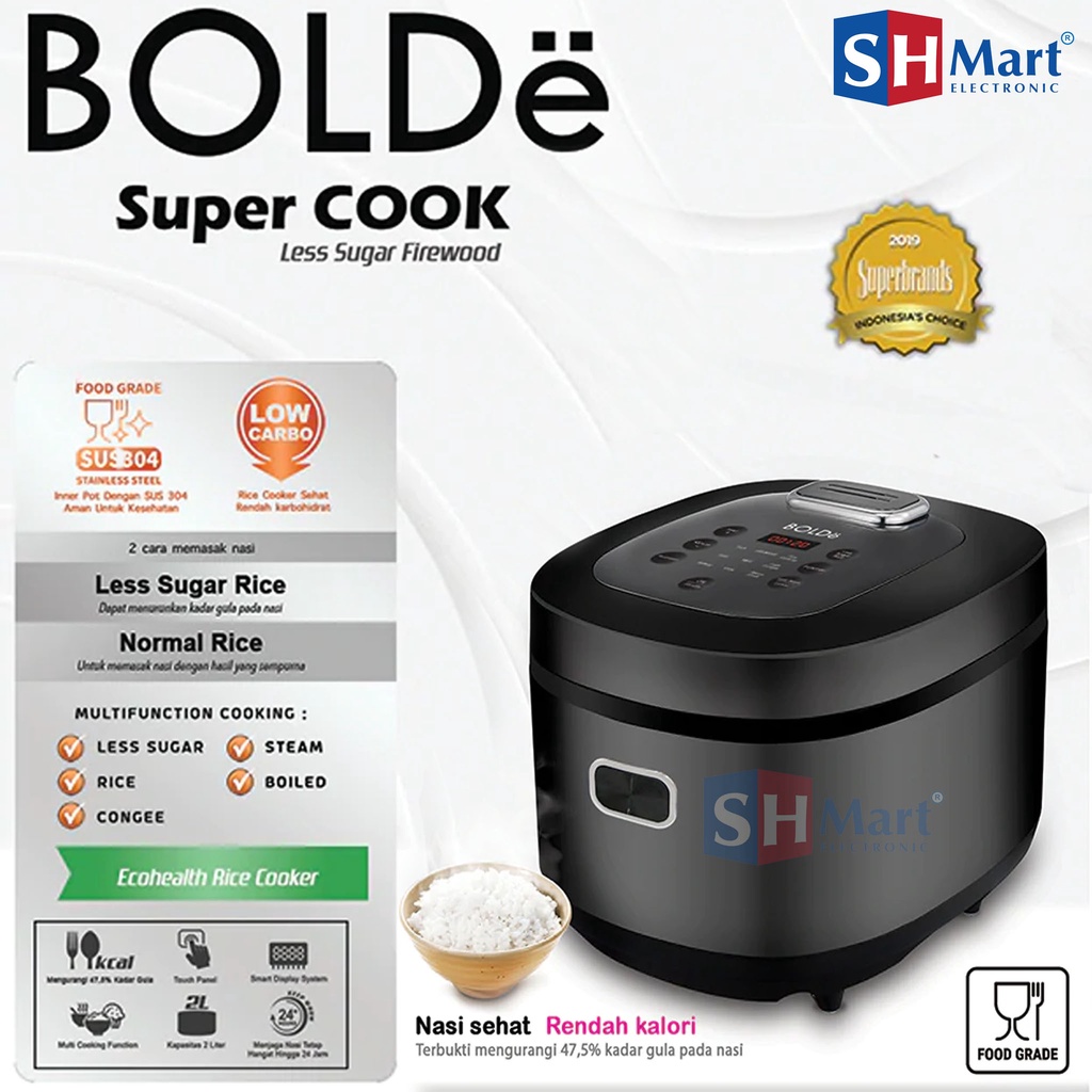 BOLDE RICE COOKER SUPER COOK LESS SUGAR FIREWOOD KAPASITAS 2 LITER GARANSI RESMI (MEDAN)